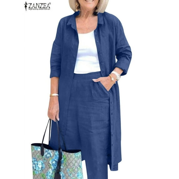 ZANZEA Womens Street Shirt Top Casual Trousers With Side Pocket Cotton Linen Suit Tops&Trousers