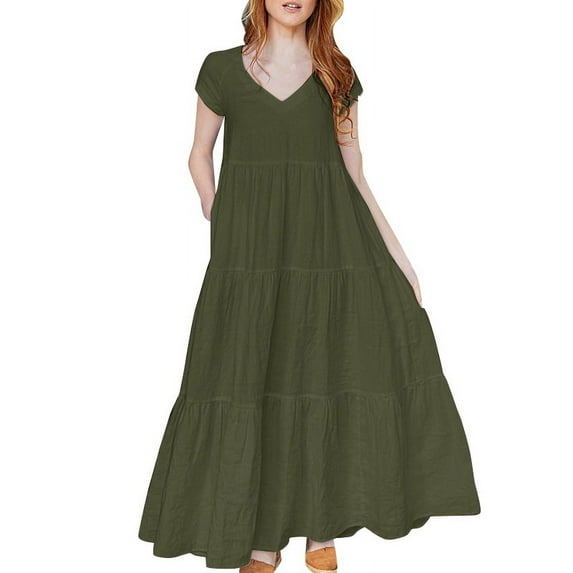 ZANZEA Womens Summer Short Sleeve V Neck Tiered A Line Long Dress Casual Loose Sundress