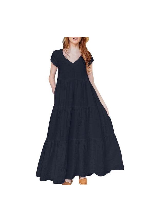Womens Summer Short Sleeve V Neck Tiered A Line Long Dress Casual Loose Sundress