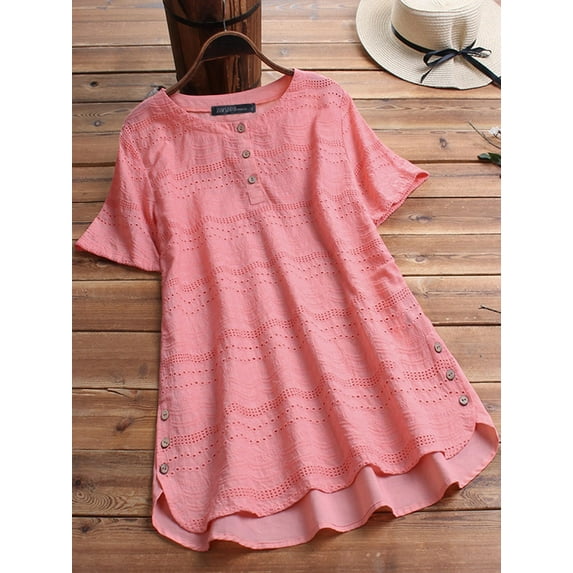 ZANZEA Womens Tops Casual Crewneck Tee T-Shirt Eyelets Lace Patchwork Blouses