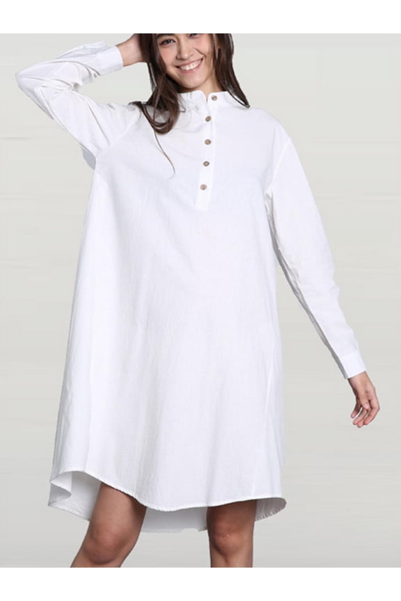 Womens Tops Shirts O-Neck High Low Solid Color Vintage Button Up Blouses