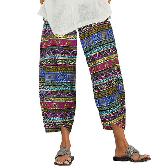 ZANZEA Womens Trousers Vintage Printed Mid-Calf Length Casual Cropped Pants