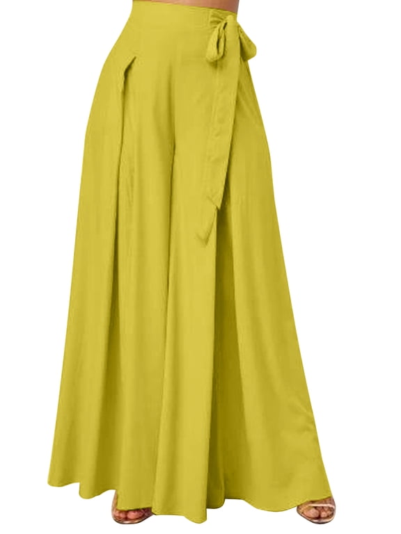 Womens Trousers With Belt Long Palazzo High Waist Flare Wide Leg Pants