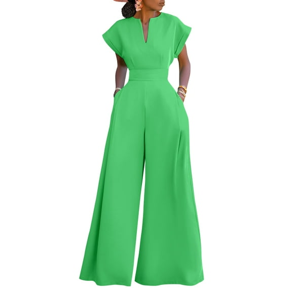 ZANZEA Womens V Neck Short Sleeve High Waist Jumpsuits Office Work Casual Party Wide Leg Long Rompers