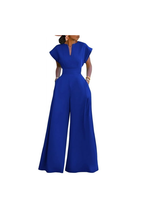 Womens V Neck Short Sleeve High Waist Jumpsuits Office Work Casual Party Wide Leg Long Rompers