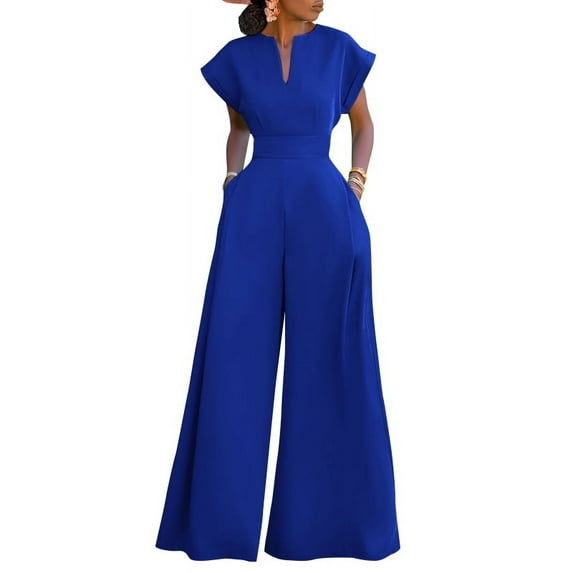 ZANZEA Womens V Neck Short Sleeve High Waist Jumpsuits Office Work Casual Party Wide Leg Long Rompers