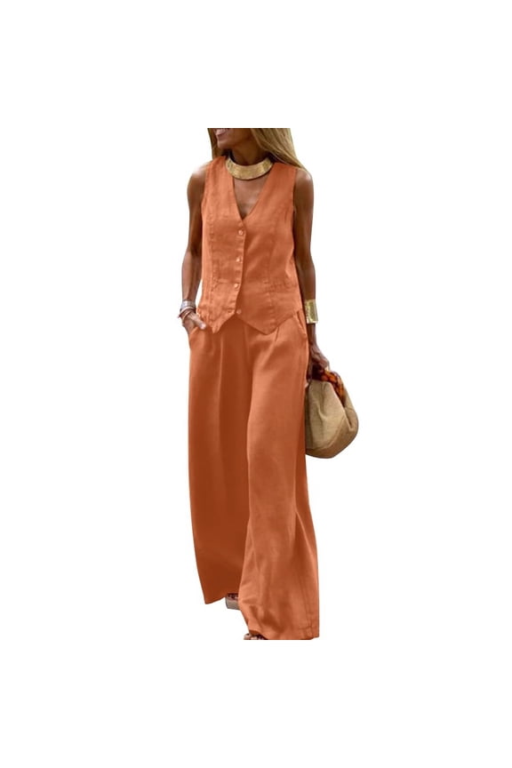 Womens V Neck Sleeveless Tank Tops Vest Wide Leg Trousers Long Bottoms Palazzo Pants 2PSC Casual Sets Outfits