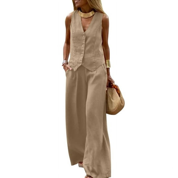 ZANZEA Womens V Neck Sleeveless Tank Tops Vest Wide Leg Trousers Long Bottoms Palazzo Pants 2PSC Casual Sets Outfits