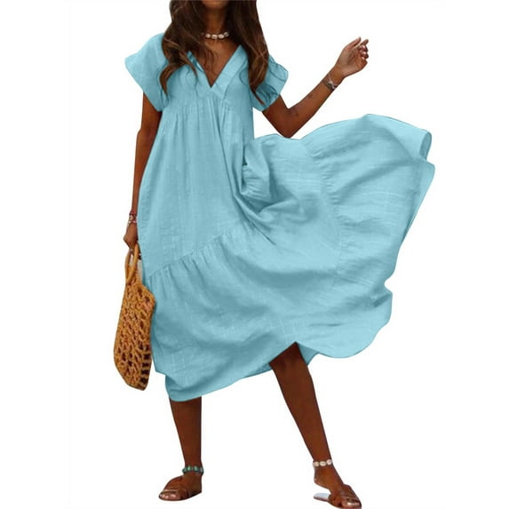 ZANZEA Womens V-neck Short Sleeve Solid Casual Long Maxi Dress