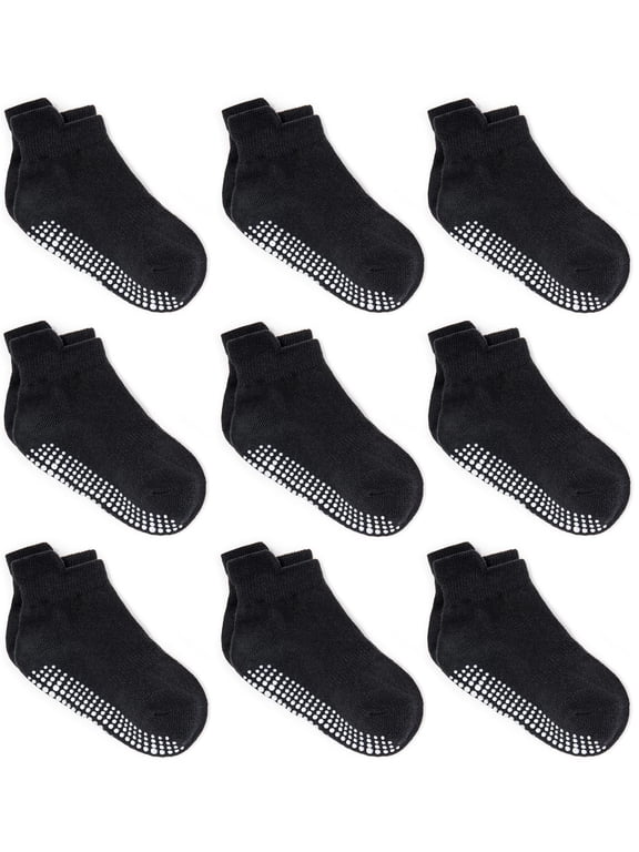 Baby Non Slip Grip Ankle Socks with Non Skid Soles for Infants Toddlers Kids Boys Girls, Black, 4-7 Years