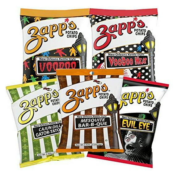 ZAPP'S Potato Chips Variety Pack | Evil Eye, Voodoo, Voodoo Heat, Mesquite BBQ, Cajun Dill Gatortator, 2.5 oz Hungry Sized Bags | 5-Pack