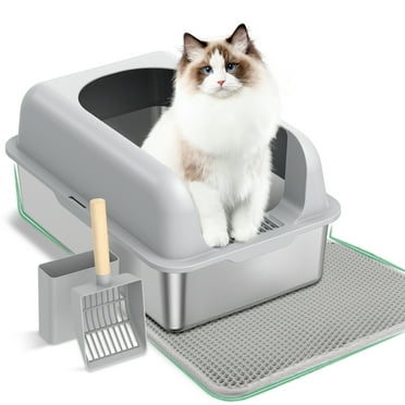 ZAQW Large Stainless Steel Cat Litter Box, Scoop, and Mat Set - Odor, Stain, and Rust Resistant w/ Easy Cleaning Tray