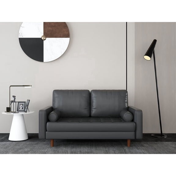 ZARKEA- 58" Upholstered Mid-Century Modern Faux Leather Square Arm Black Sofa Loveseat