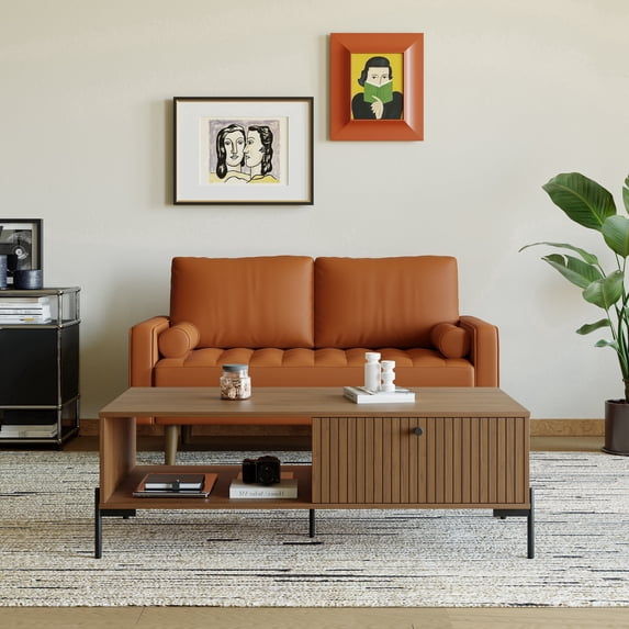 ZARKEA- 58" Upholstered Mid-Century Modern Faux Leather Square Arm Brown Sofa Loveseat