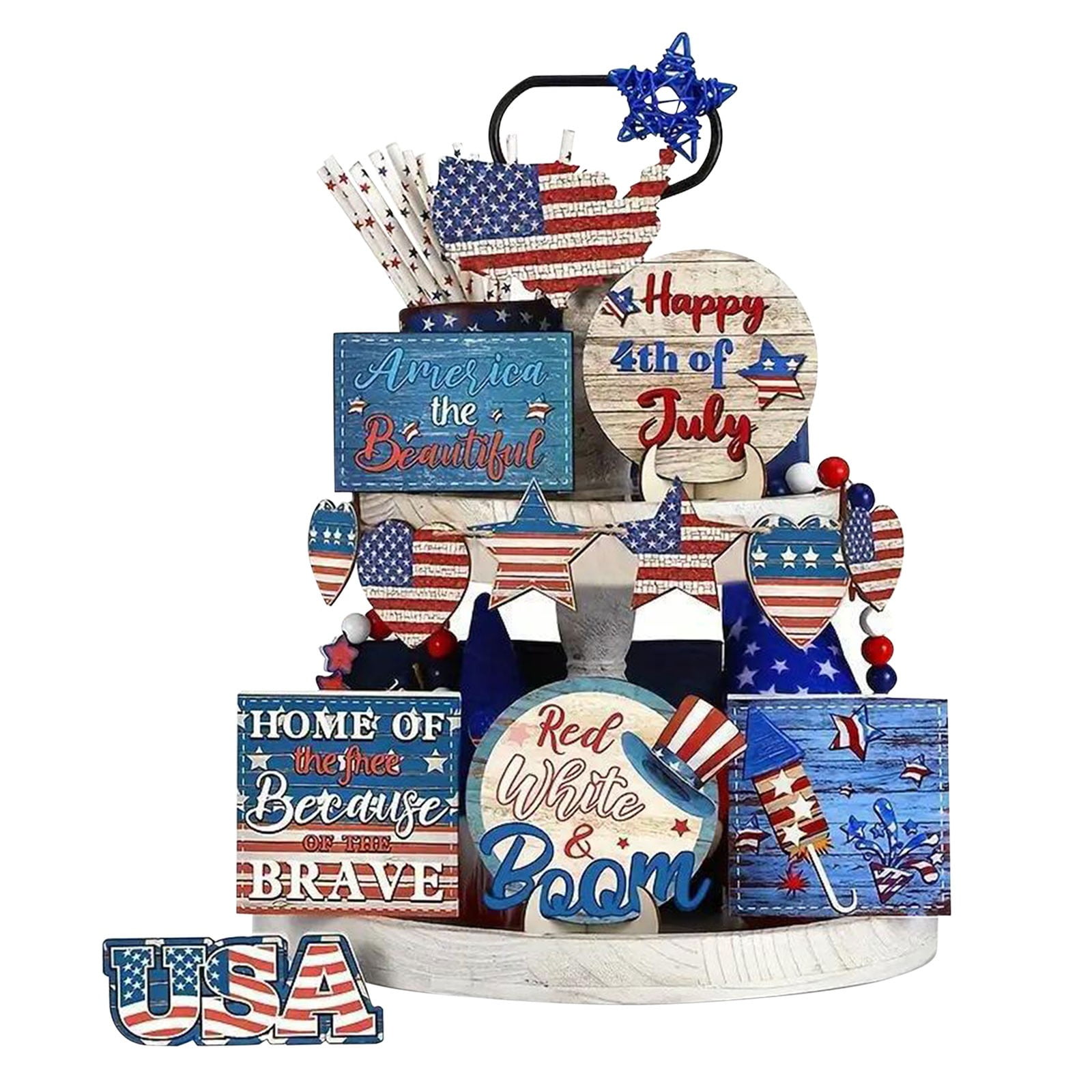 ZAROYEAX July 4th Layered Decorated Independence Day Labor Day Wooden Logo Patriotic Red White