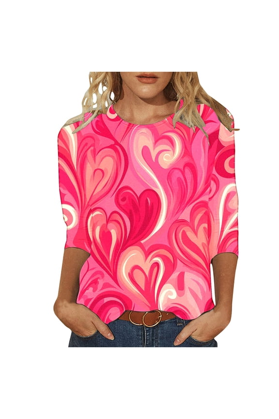 ZAVAZ Valentine Day Shirts for Women Love Heart Graphic Tees Shirt 3/4 Length Sleeve Blouse Cute Crewneck Pint Pullover Tops Funny Gift 2025 Spring Outfits