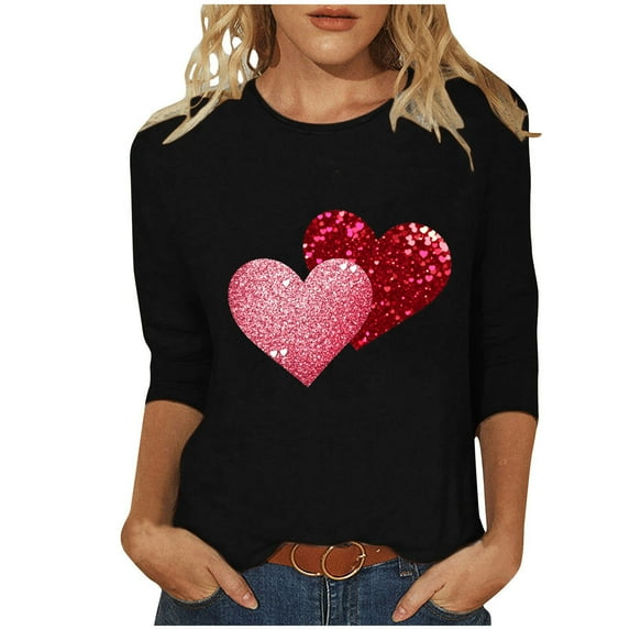 ZAVAZ Valentine Day Shirts for Women Love Heart Graphic Tees Shirt 3/4 Length Sleeve Blouse Cute Crewneck Pint Pullover Tops Funny Gift 2025 Spring Outfits