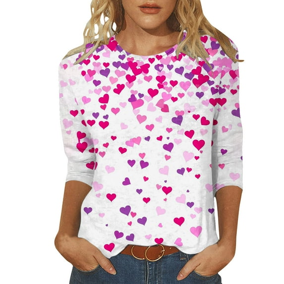 ZAVAZ Valentine Day Shirts for Women Love Heart Graphic Tees Shirt 3/4 Length Sleeve Blouse Cute Crewneck Pint Pullover Tops Funny Gift 2025 Spring Outfits