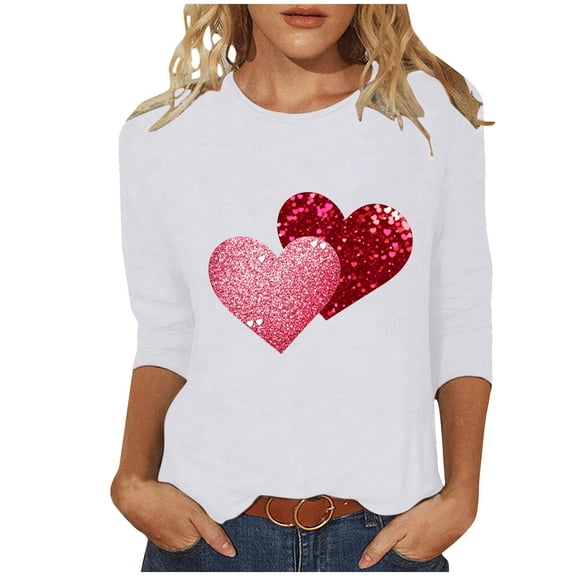 ZAVAZ Valentine Day Shirts for Women Love Heart Graphic Tees Shirt 3/4 Length Sleeve Blouse Cute Crewneck Pint Pullover Tops Funny Gift 2025 Spring Outfits