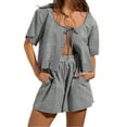thumbnail image 1 of ZAXARRA Women 2 Piece Pajamas Set Plaid Puff Short Sleeve Tie Front Shirt Top Cute Loose Shorts Outfits Sleepwear, 1 of 8