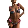 thumbnail image 1 of ZAXARRA Women 2 Pieces Bikini Swimsuits Plaid Frills Floral Print Back Tie-Up Padded Bra Thong Bottoms Beach Bathing Suit Set, 1 of 7