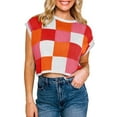 thumbnail image 1 of ZAXARRA Women Cap Sleeve Crop Tops Ribbed Checkered Crew Neck Casual Knitted Tops Sweater Streetwear, 1 of 5