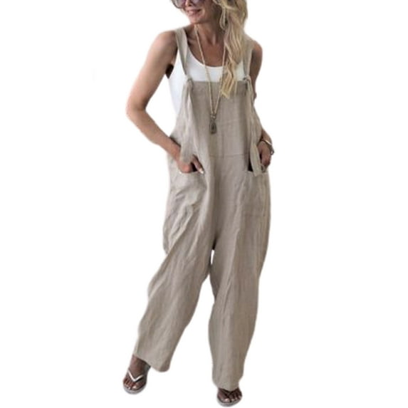 ZAXARRA Women Casual Loose Cotton Linen Overalls Wide Leg Pants Jumpsuit Baggy Trousers Playsuit