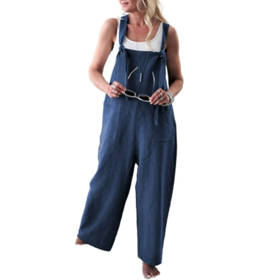 ZAXARRA Women Casual Loose Cotton Linen Overalls Wide Leg Pants Jumpsuit Baggy Trousers Playsuit