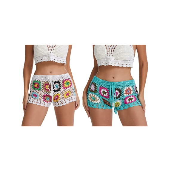 ZAXARRA Women Crochet Boho Shorts Colorful Hollow Out Cover Up Shorts Floral Embroidery Knit Coverup Bottoms Beachwear