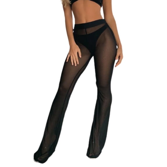 ZAXARRA Women See-through Mesh Ruffle Bottoms Cover Up Swimsuit Wide Leg Pants Trousers