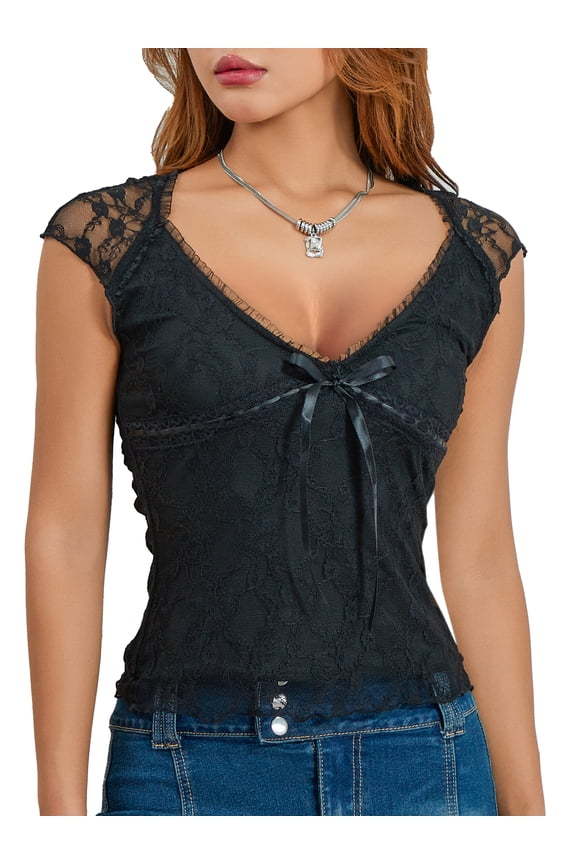 Women Sleeveless Lace Top Deep V Neck Tank Top Mesh Patchwork Bodycon Shirt Night Out Clubwear