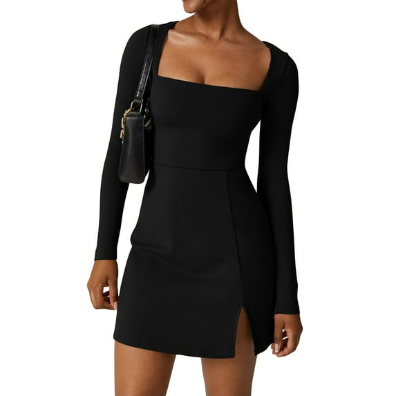 ZAXARRA Women Spring Summer Short Dress Solid Color Long Sleeve Split Hem Party Dress