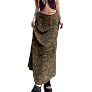 ZAXARRA Women Vintage Long Skirt Summer Spring Casual High Waist Retro Floral Print Slim Fit Half Dress Streetwear