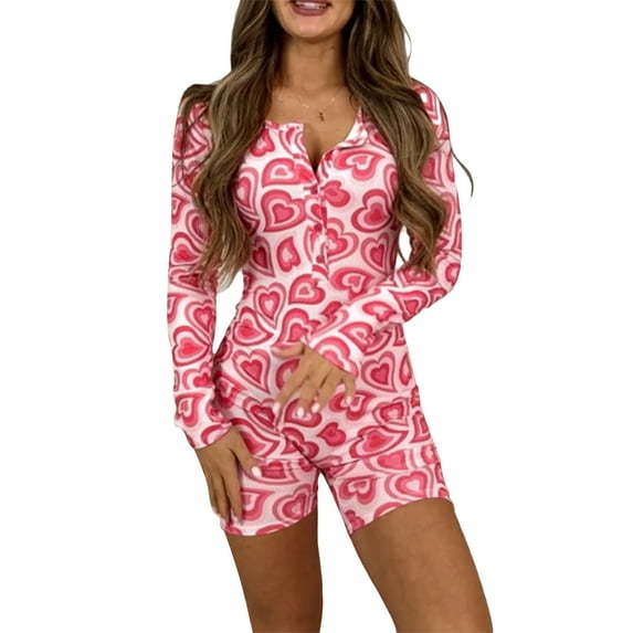 ZAXARRA Women's Autumn Short Pajamas Romper Long Sleeve Heart Print Fitted Jumpsuit Sleepwear