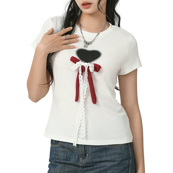 ZAXARRA Women's Heart Print T-Shirts Short Sleeve Crew Neck Lace Bow Front Tops Summer T-Shirts