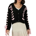 thumbnail image 1 of ZAXARRA Women's Long Sleeve Cropped Cardigan, Contrast Color V-Neck Tie Decor Knit Sweater Button Coat, 1 of 9