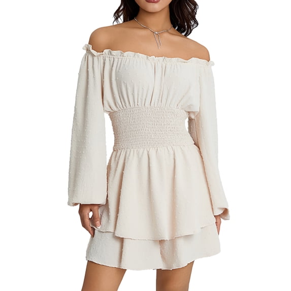 ZAXARRA Women's Long Sleeve Romper Off Shoulder Romper Ruffle Hem A-Line Flowy Boho Romper Cute Mini Short Jumpsuit
