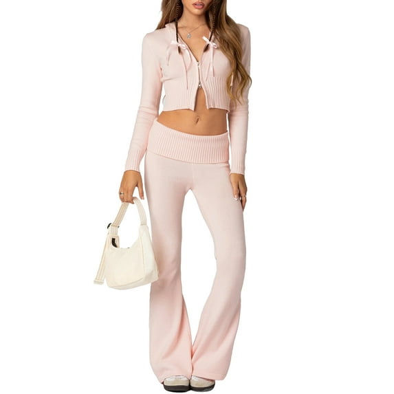 ZAXARRA Women’s Outfits Set Long Sleeve Zip Up Cropped Hoodie and Bootcut Pants Set Loungewear