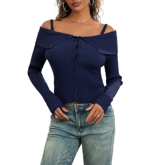 ZAXARRA Women's Slim Knit Tops Solid Color Off Shoulder Long Sleeve Sweaters Knitwear