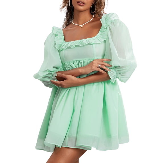 ZAXARRA Women's Summer Mini Dress Solid Color 3/4 Sleeve Ruffled A-Line Swing Short Dress