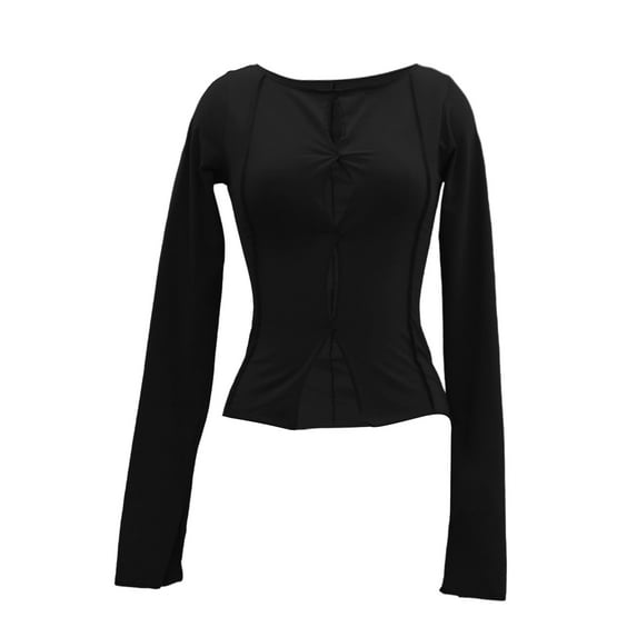 ZAXARRA Women's Summer Slim Cropped Tops Solid Color Long Sleeve Round-Neck Cutout Show Navel T-Shirt