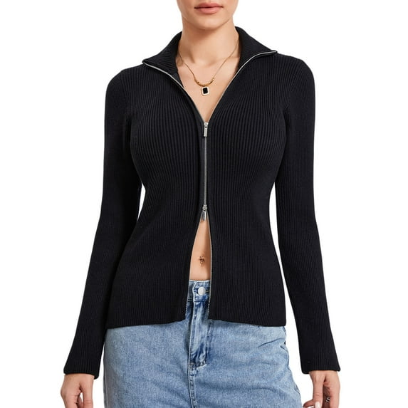 ZAXARRA Women's Zip Up Sweater Solid Color Stand Collar Long Sleeve Ribbed Knit Shirts Fall Slim Fit Casual Pullovers Tops