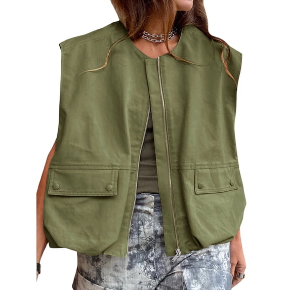 ZAXARRA Womens Casual Zip Up Vest Cargo Oversized Ruched Hem Sleeveless Blazer Jackets Tops