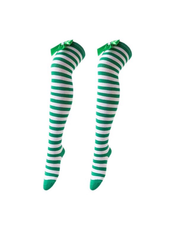 Costume Styling Socks, Women's Ribbon Striped Thigh High Knit Pair with Over-The-Knee Coverage, Holiday Outfit Layers