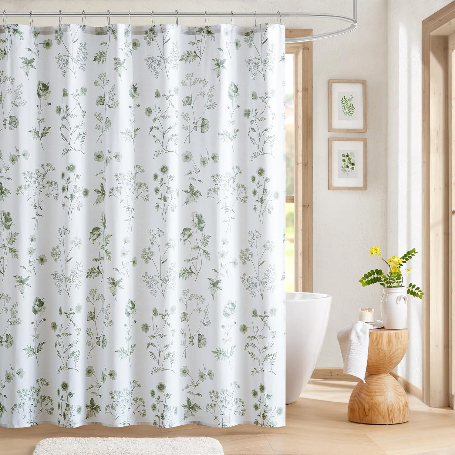 Botanical Floral Print White and Green Cotton Shower Curtain