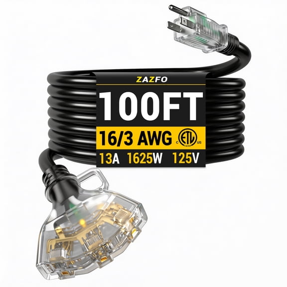 ZAZFO 100 FT 16/3 Gauge Outdoor Extension Cord with Multiple Outlets Light Indicator, Flexible 3 Outlet Weatherproof Extension Cord Waterproof Black, 13A 1625W 16AWG SJTW, ETL Listed