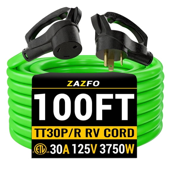 ZAZFO 100ft 30Amp RV Extension Cord, Heavy Duty 10/3 Gauge Waterproof RV Power Cord, NEMA TT-30P/R 125V, Green-Black