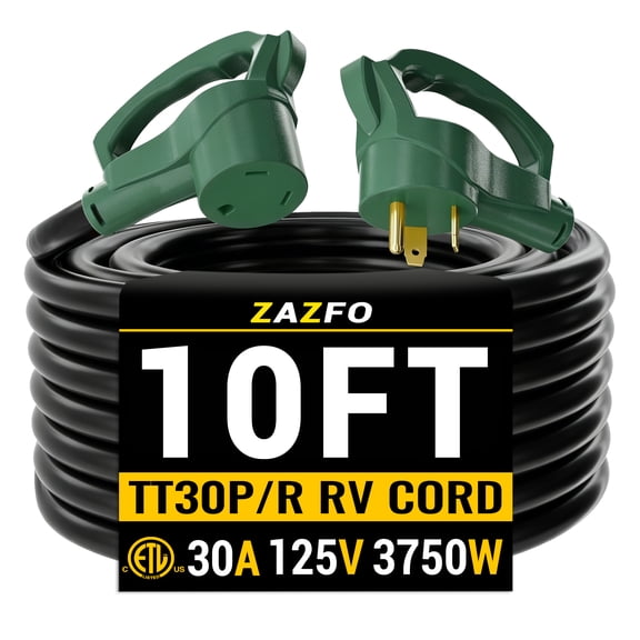 ZAZFO 10ft 30Amp RV extension cord,Heavy duty 10/3 Gauge Waterproof RV Power Cord,NEMA TT-30P/R 125V,Black-Green