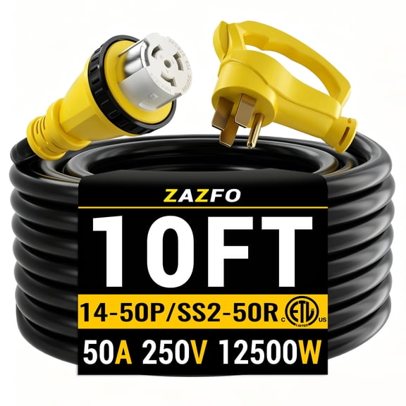 ZAZFO 10ft 50Amp Generator RV Extension Cord,NEMA 14-50P to SS2-50R Twist Lock Heavy Duty Waterproof Power Cord for Outdoor Home RV,Black-Yellow