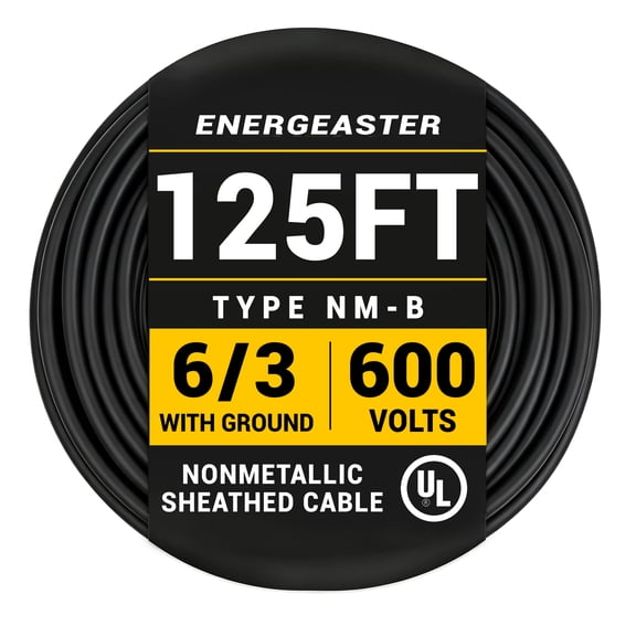 Energeaster 125ft 6/3 NM-B Pure Copper Wire, 6 AWG 3 Conductors with Ground Wire, Black, Indoor Electrical Wire